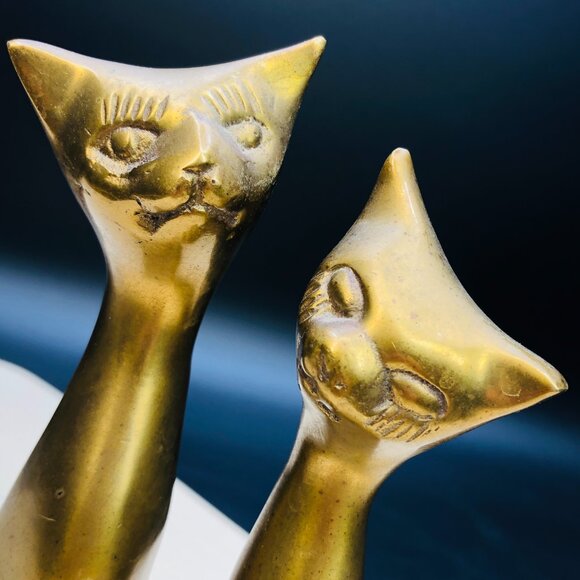 80s Brass Long Neck Alley Cat COUPLE Figurines Set, Vintage Gold Tone Statuettes - Picture 3 of 11